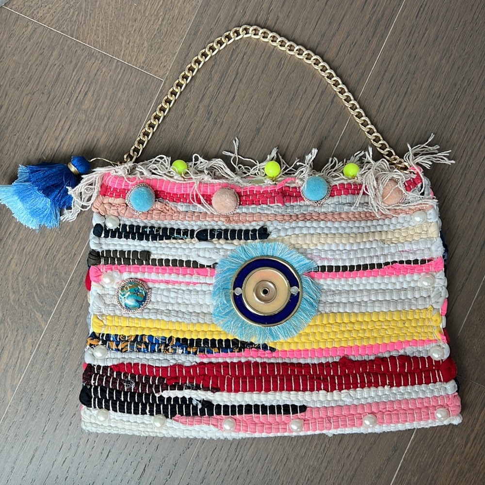 Authentic hand knit evil eye purse from Santorini! One of a kind design & accent
